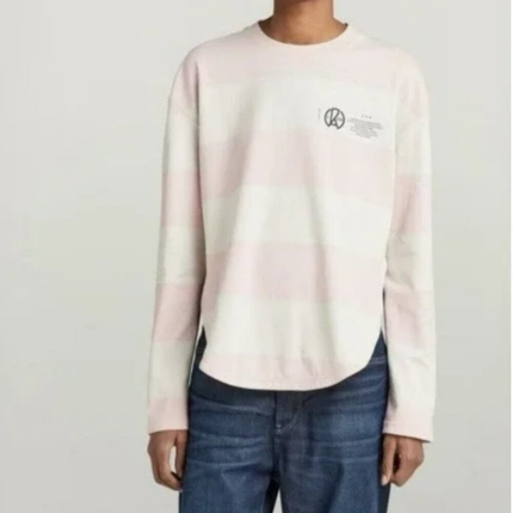 G Star Raw Striped Graphic Rugby Shirt Pink Beige Cotton Size XS